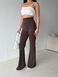 Kadın Kahverengi Renk İspanyol Paça Parlak Taş Detaylı Yüksek Bel Toparlayıcı Esnek Düz Tayt
