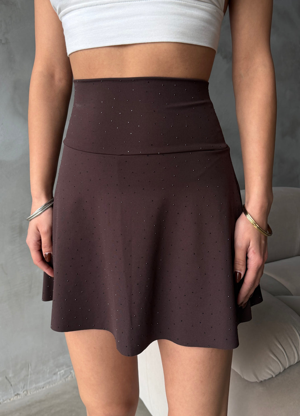 Kahverengi Renk 2 Katmanlı Yüksek Bel Parlak Taş Detaylı Tenis Eteği Spor Şort Etek Tennis Skirt