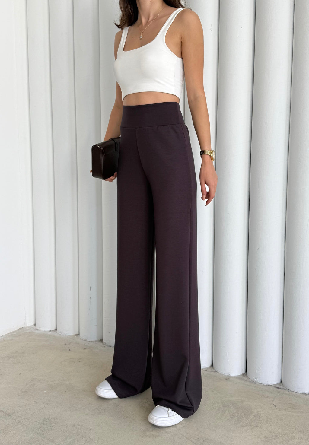 Kadın Kahverengi Renk Modal Kumaş Bol Paça Yumuşak Dokulu Yüksek Bel Likralı Pantalon