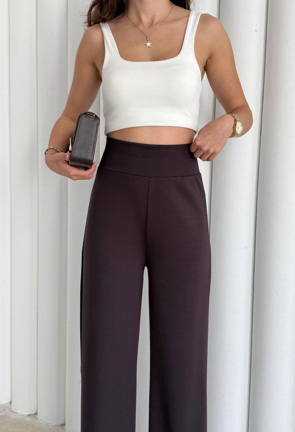Kadın Kahverengi Renk Modal Kumaş Bol Paça Yumuşak Dokulu Yüksek Bel Likralı Pantalon