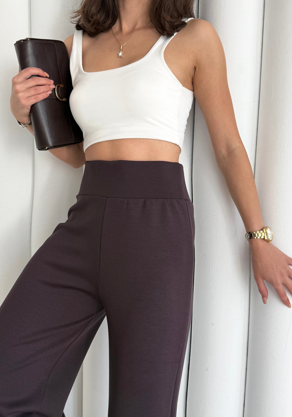 Kadın Kahverengi Renk Modal Kumaş Bol Paça Yumuşak Dokulu Yüksek Bel Likralı Pantalon