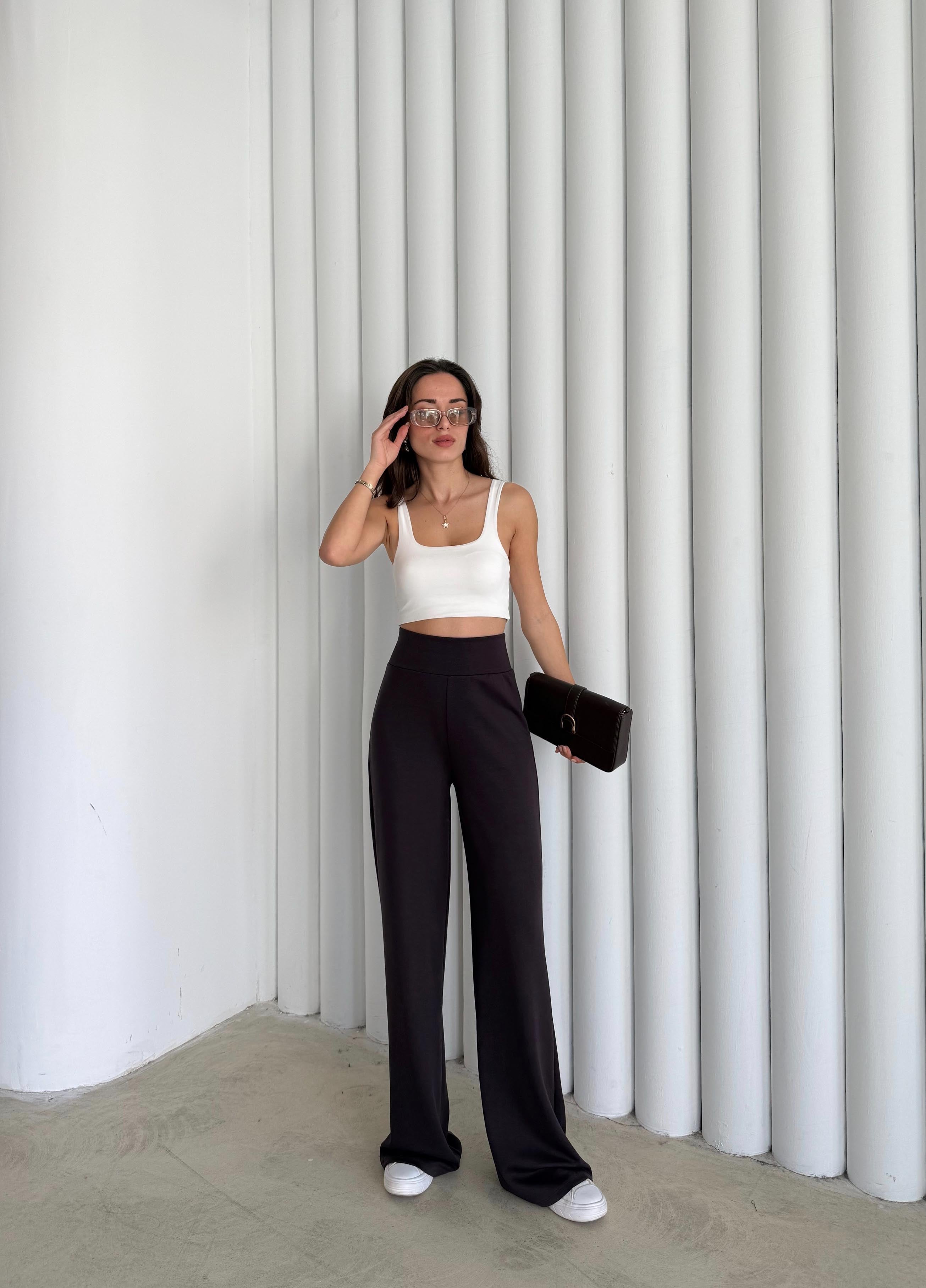 Kadın Kahverengi Renk Modal Kumaş Bol Paça Yumuşak Dokulu Yüksek Bel Likralı Pantalon