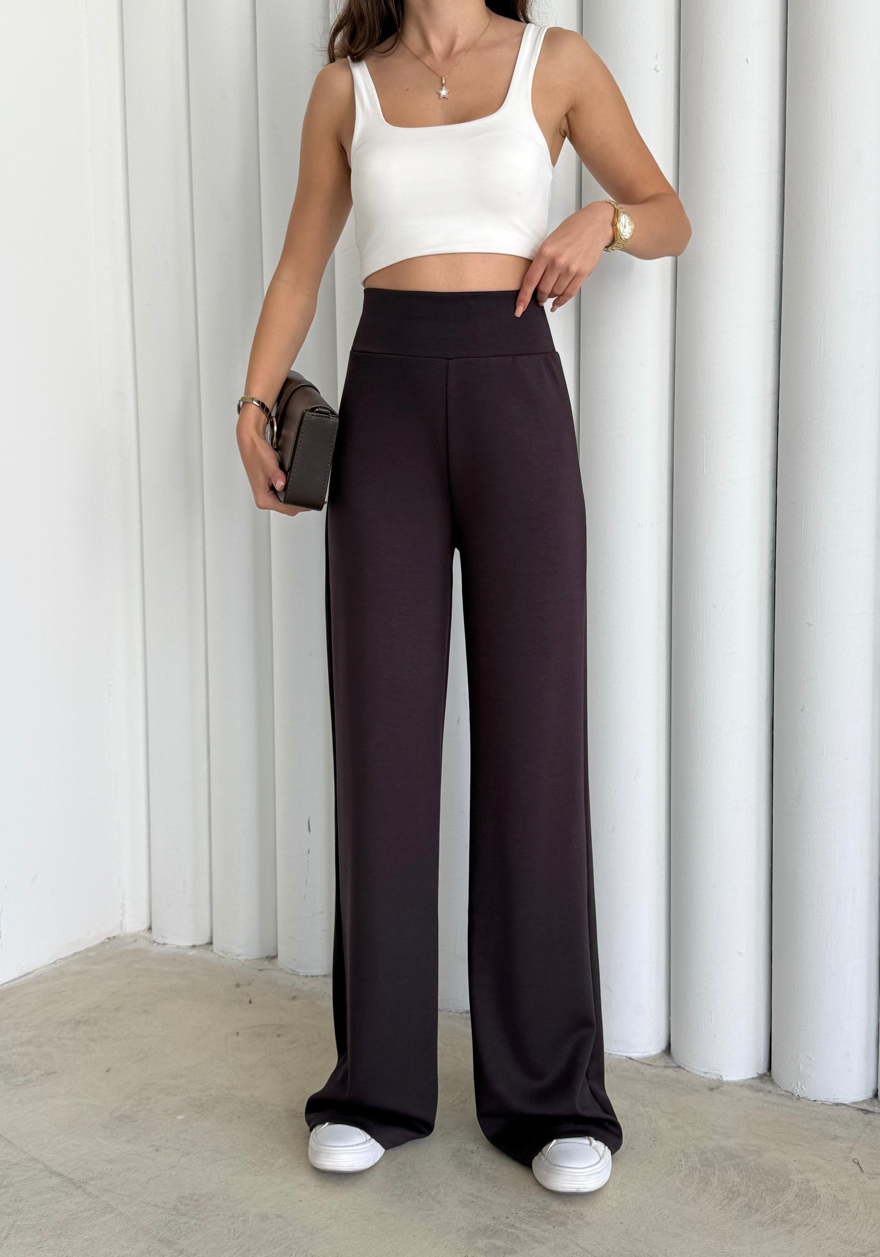 Kadın Kahverengi Renk Modal Kumaş Bol Paça Yumuşak Dokulu Yüksek Bel Likralı Pantalon