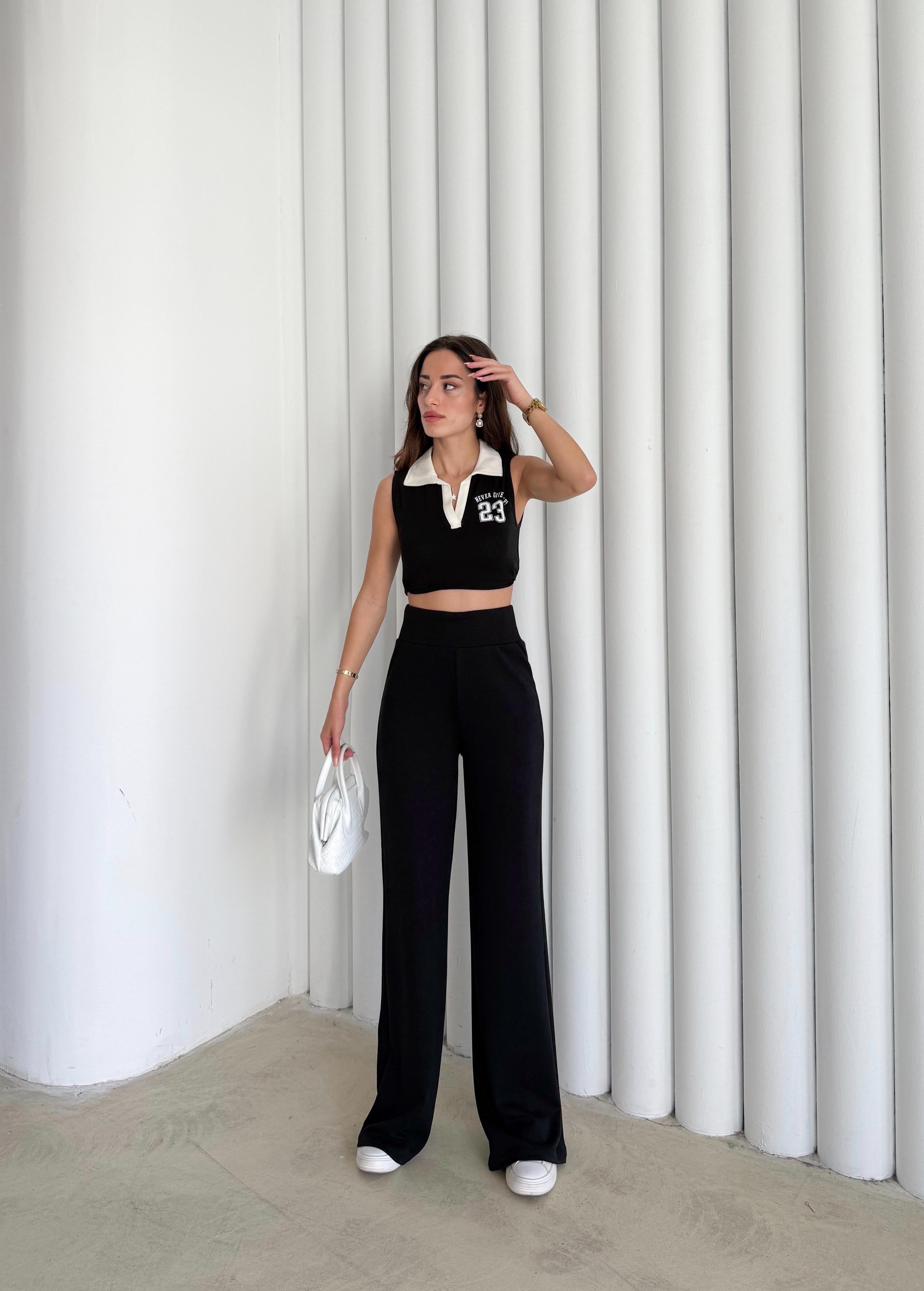 Kadın Siyah Renk Modal Kumaş Bol Paça Yumuşak Dokulu Yüksek Bel Likralı Pantalon