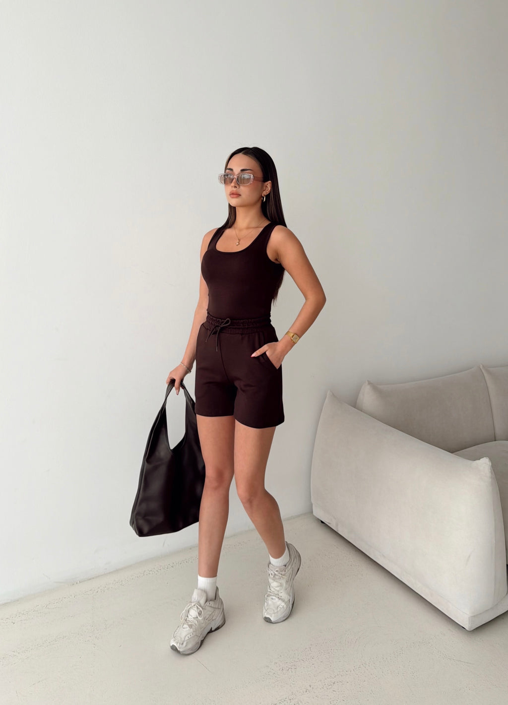Kadın Kahverengi Renk Mini Şort Kare Yaka Atlet İkili Takım
